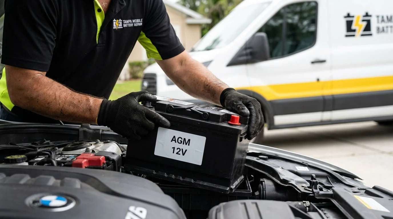 Close-up of gloved hands installing an AGM car battery into a European sedan, comparing AGM vs standard car batteries in Tampa Bay