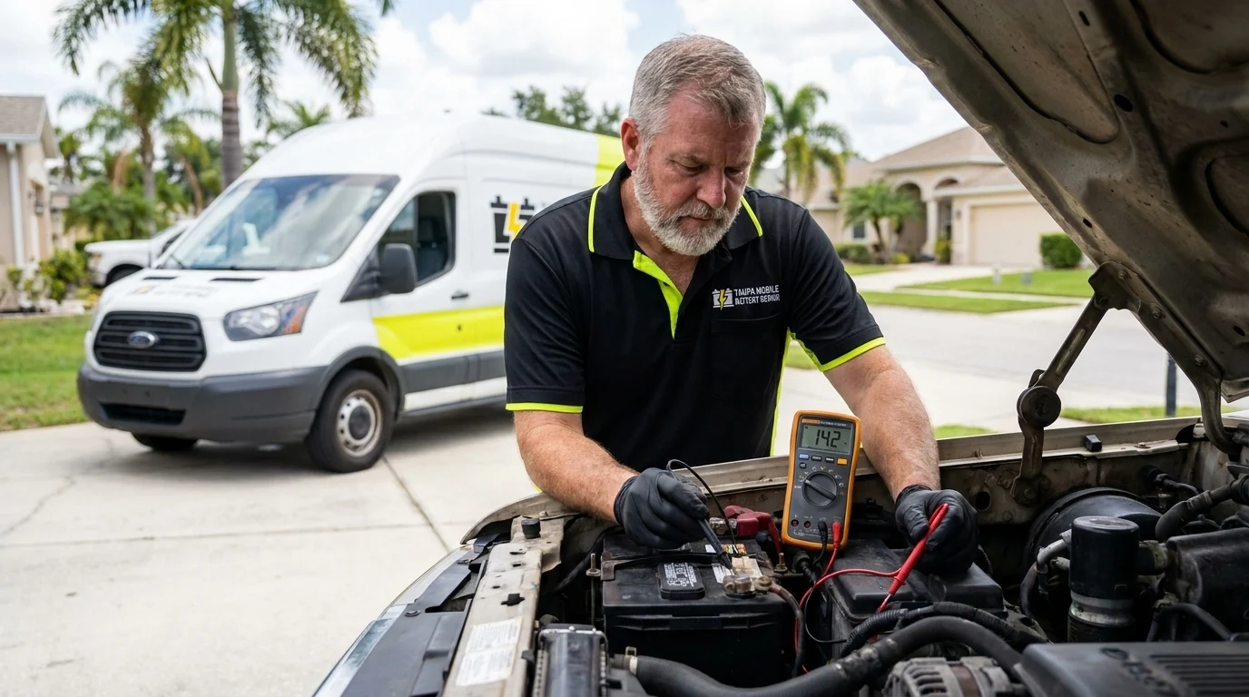 Technician checking charging voltage with a digital multimeter on the battery terminals of a running pickup truck in Tampa