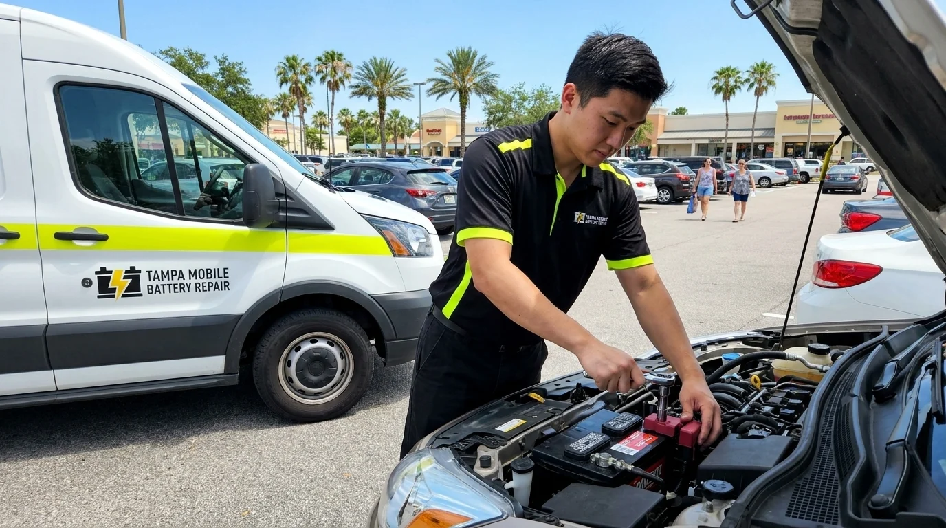 Car battery replacement in a Brandon, FL shopping center parking lot