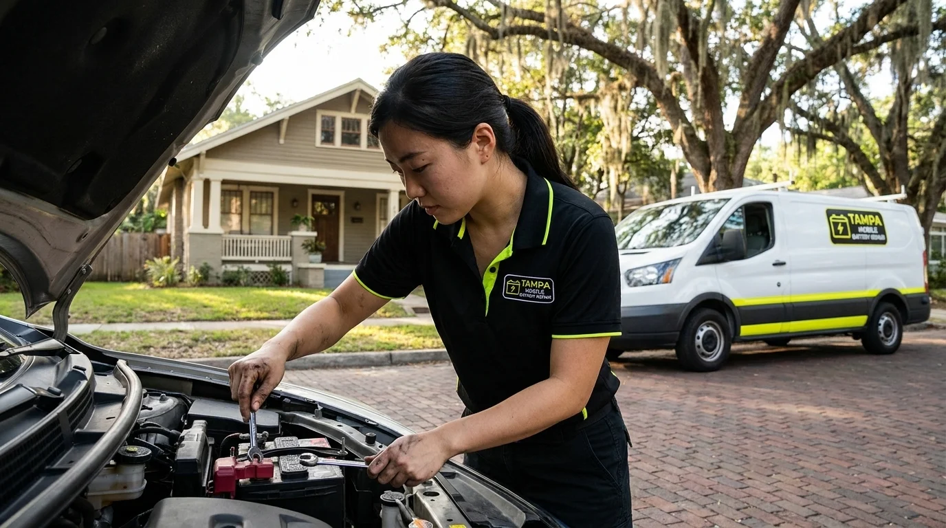Mobile battery replacement on a residential street in MLK Blvd (SR-574) through Mango, Mango, FL