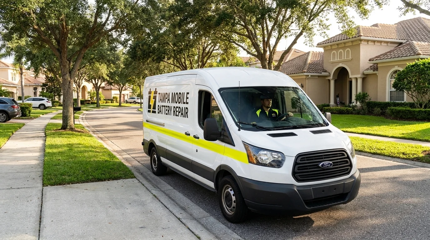 Tampa Mobile Battery Repair van on a residential street in Westchase, northwest Tampa, heading to a battery call