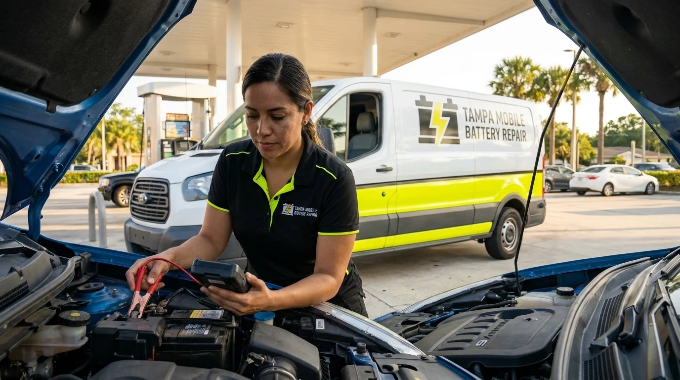 Technician testing a car battery with a digital battery tester at a gas station pump island in Brandon, FL, checking for signs the battery is dying