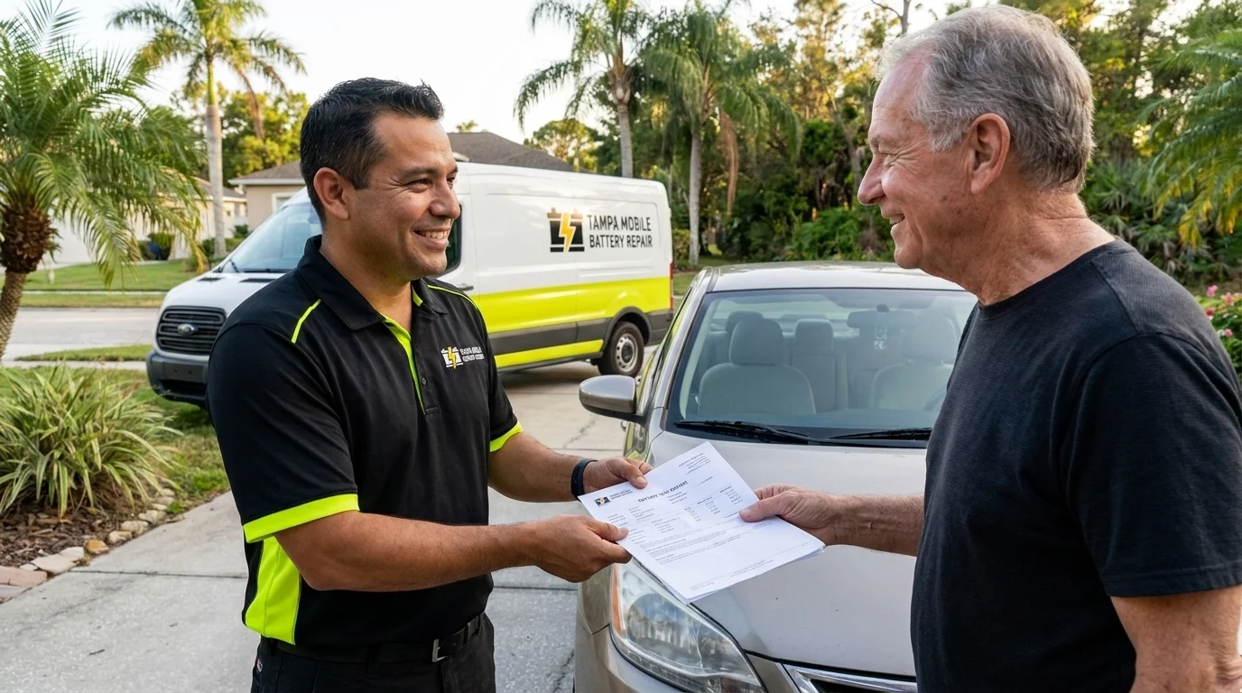 Technician handing an older customer a battery test printout and warranty receipt in a Tampa driveway after a mobile battery replacement