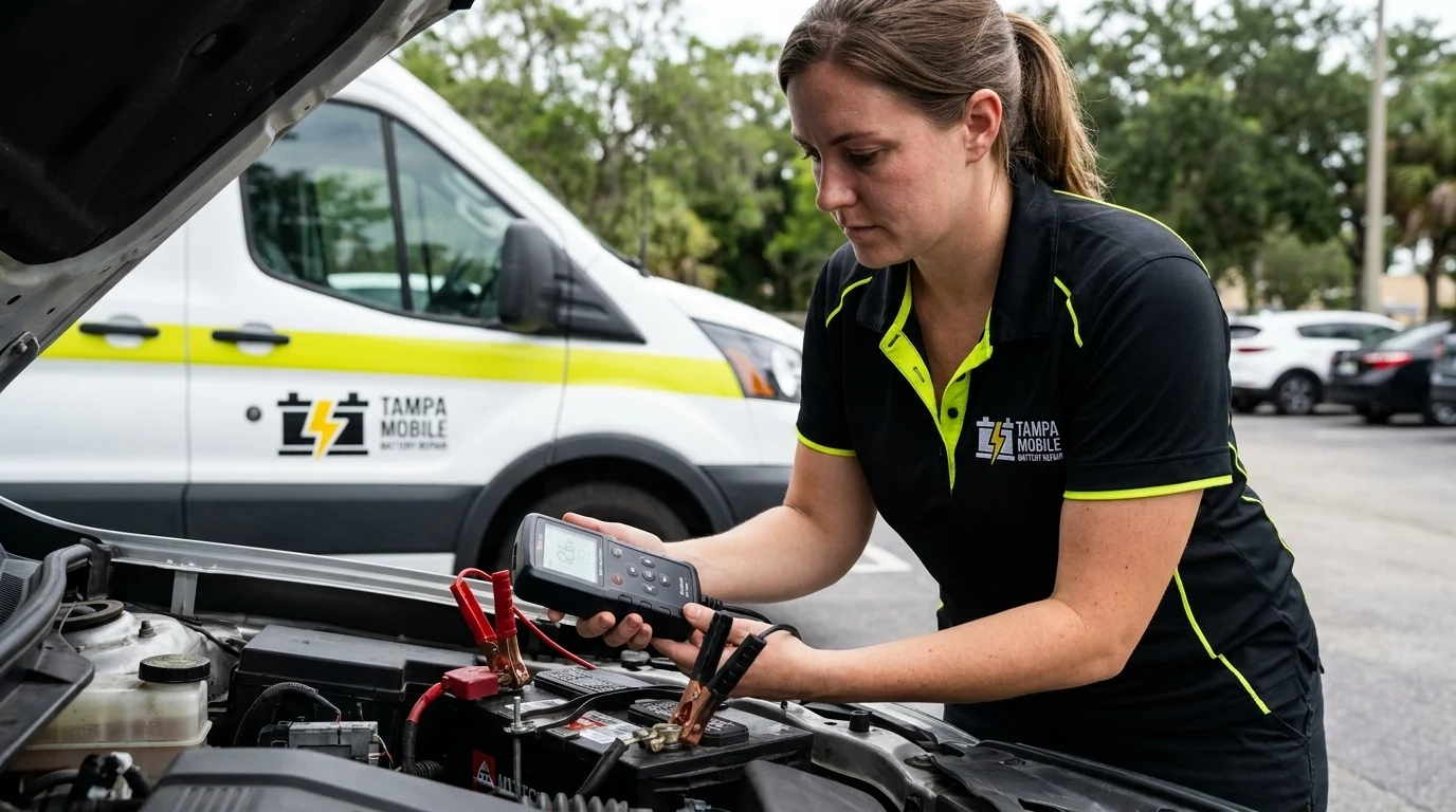 Technician running a digital car battery test for a Temple Terrace, FL driver