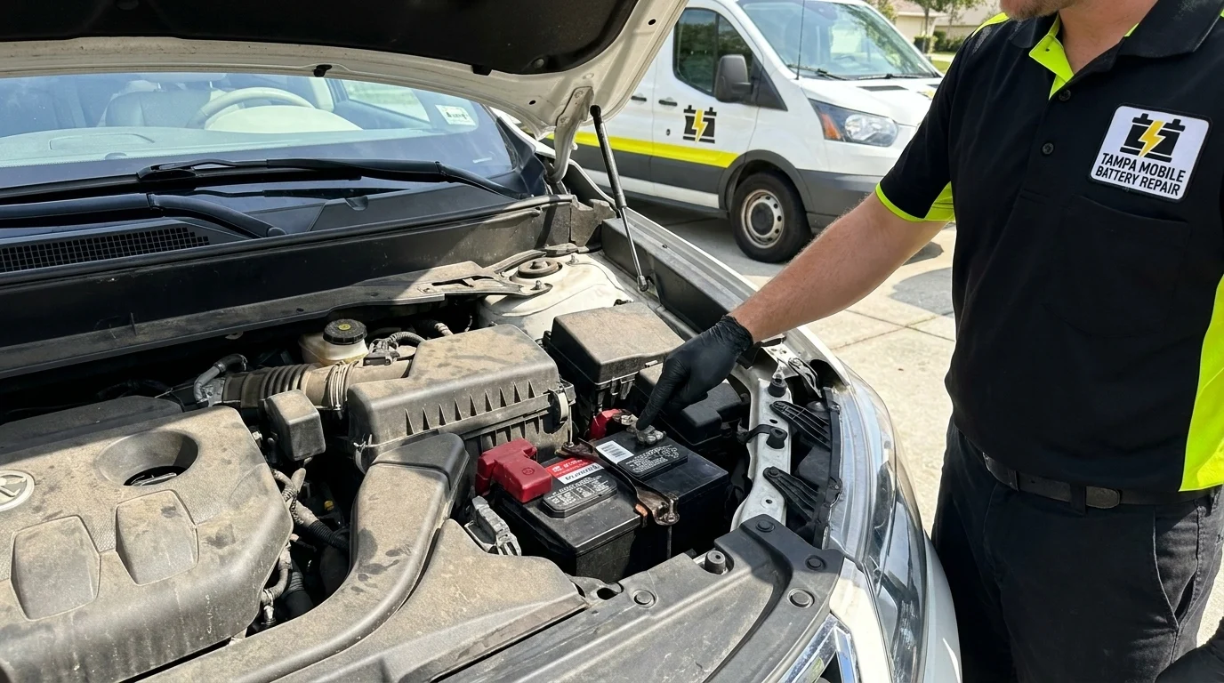 Gloved hand pointing at the date sticker on a car battery in a white SUV engine bay in a Tampa driveway, checking how long the battery has lasted in Florida heat