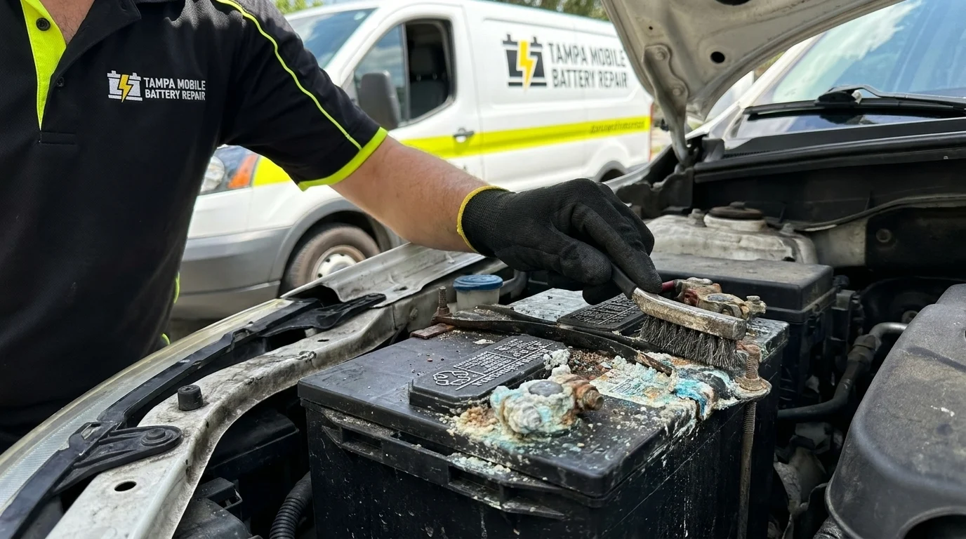 Macro close-up of heavily corroded car battery terminals that can cause a car not to start with a clicking noise in Tampa