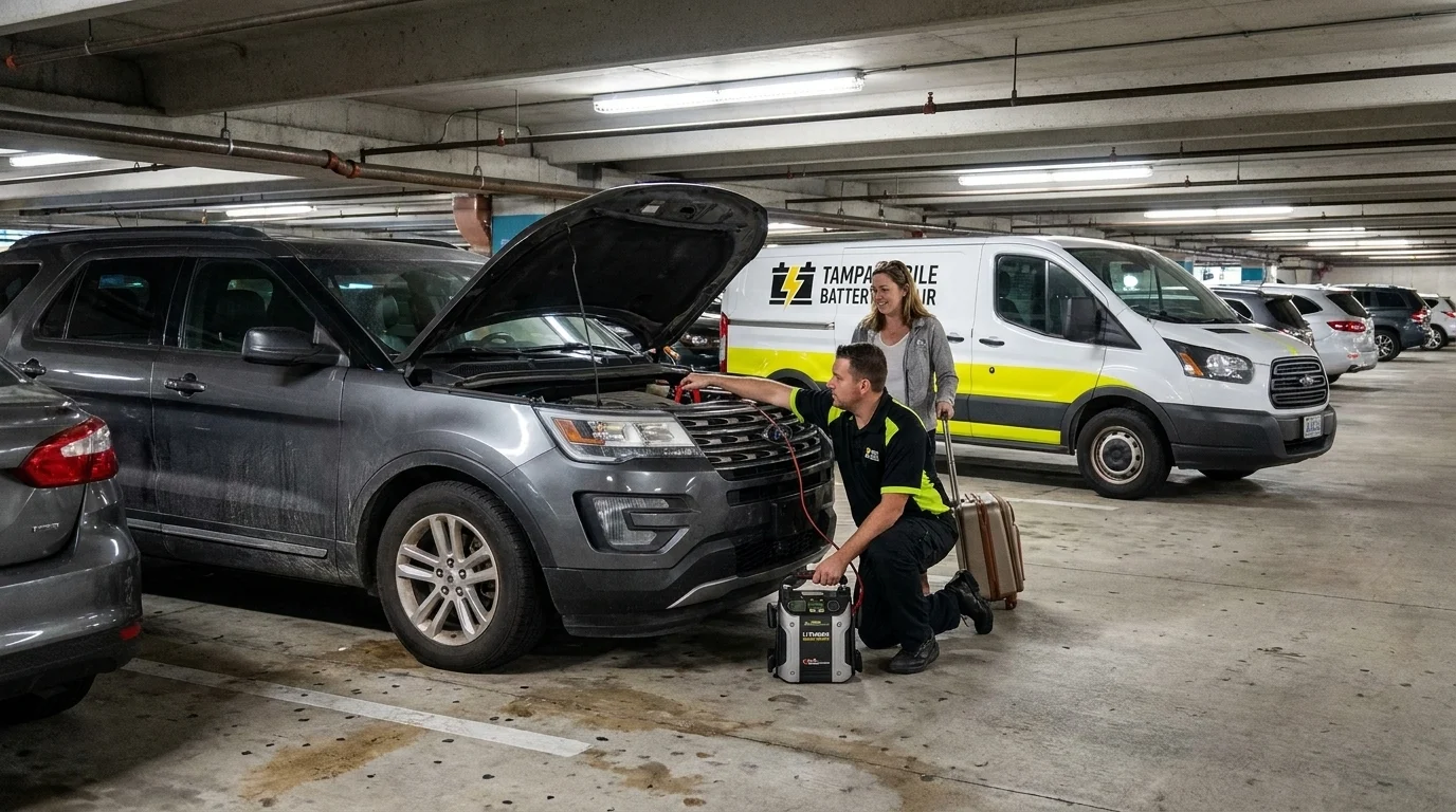 Technician jump-starting a dusty SUV with a dead battery in a concrete Tampa airport parking garage while a traveler with a suitcase waits