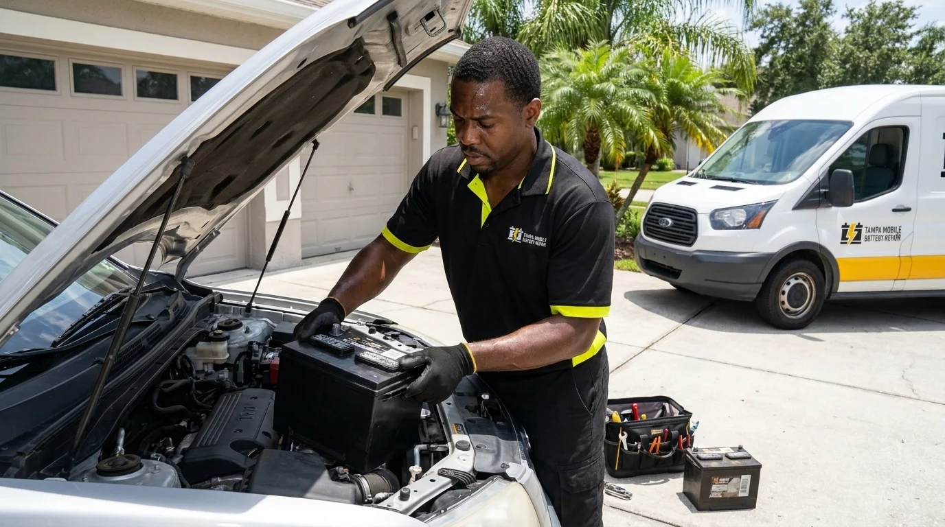 Tampa Mobile Battery Repair technician setting a new battery into an SUV battery tray during a mobile battery replacement in a Tampa driveway