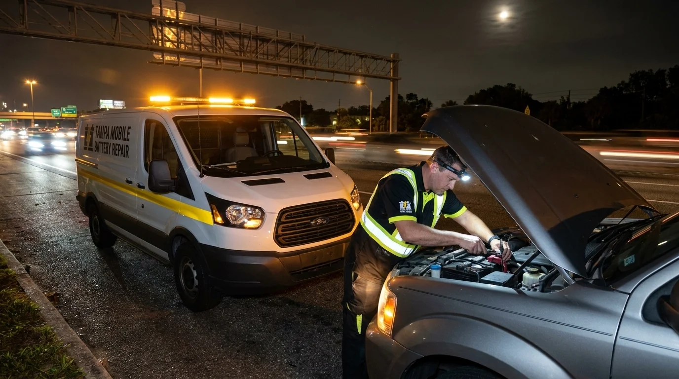 Roadside dead battery help at night on a highway shoulder serving Seffner, FL and Kingsway Rd (north of I-4)