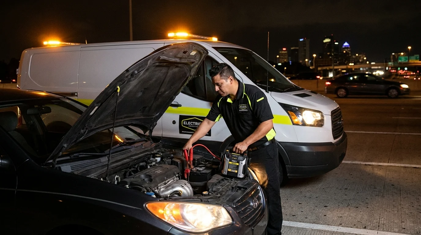 Tampa Mobile Battery Repair technician clamping a portable jump starter to a dead car battery at night beside the branded service van