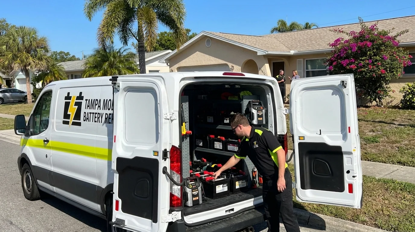 Tampa Mobile Battery Repair service van stocked with batteries, serving Temple Terrace, FL